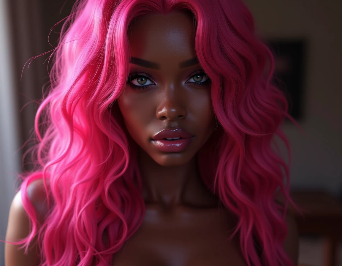 (masterpiece, highres, high quality:1.2), intricate details, cinematic lighting, sharp focus, depth of field, Ingrid, 1girl, mature female, (dark-skinned female:1.1), dark skin, standing pose, seductive expression, ((closeup shot, closeup to face:1.2)), looking at viewer, bedroom, caring, seductive, kind, [pink|red] hair, very long hair, hair intakes, makeup, lipstick, (mole under mouth:0.8), eyelashes, yellow eyes, ultra detailed eyes, ultra detailed face, ultra detailed lips, ultra detailed lipstick, ultra detailed makeup helloutfit, голая, без одежды, сперма, сиськи, влажная киска, промежность, грудь, без одежды, секс, порно.