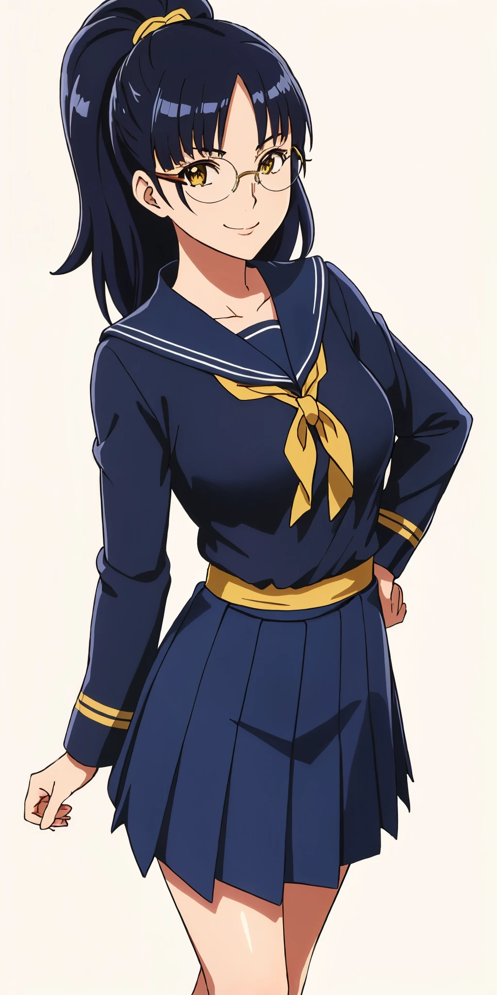 Young woman drawn in 80’s anime art style. 
Retro anime. Vintage Anime. Classical Anime. 
Black Blue HAIR
Pompadour Hair
(Round Glasses)
(Round and Circle eyes)
(Yellow eyes)
(Medium Sized Eyebrows)
(Light Tan Woman)
(Medium Breast)
Seductive Smile

She is wearing a sailor fuku (セーラー服, sērā fuku, sailor outfit) is a common japanese style of uniform worn by women, traditionally by high school female students. 

The uniform generally consists of a blouse attached with a (Navy blue sailor-style collar) and a Dark Navy Blue Sailor Blouse. The length of the long skirt goes down past her ankle.

A ribbon is tied in the front and laced through a loop attached to the sailor outfit. The color is the ribbon is red.

(Dark Navy Blue Sailor Shirt)
(Dark Navy Pleated Skirt)

(Solo)
Location: High School 