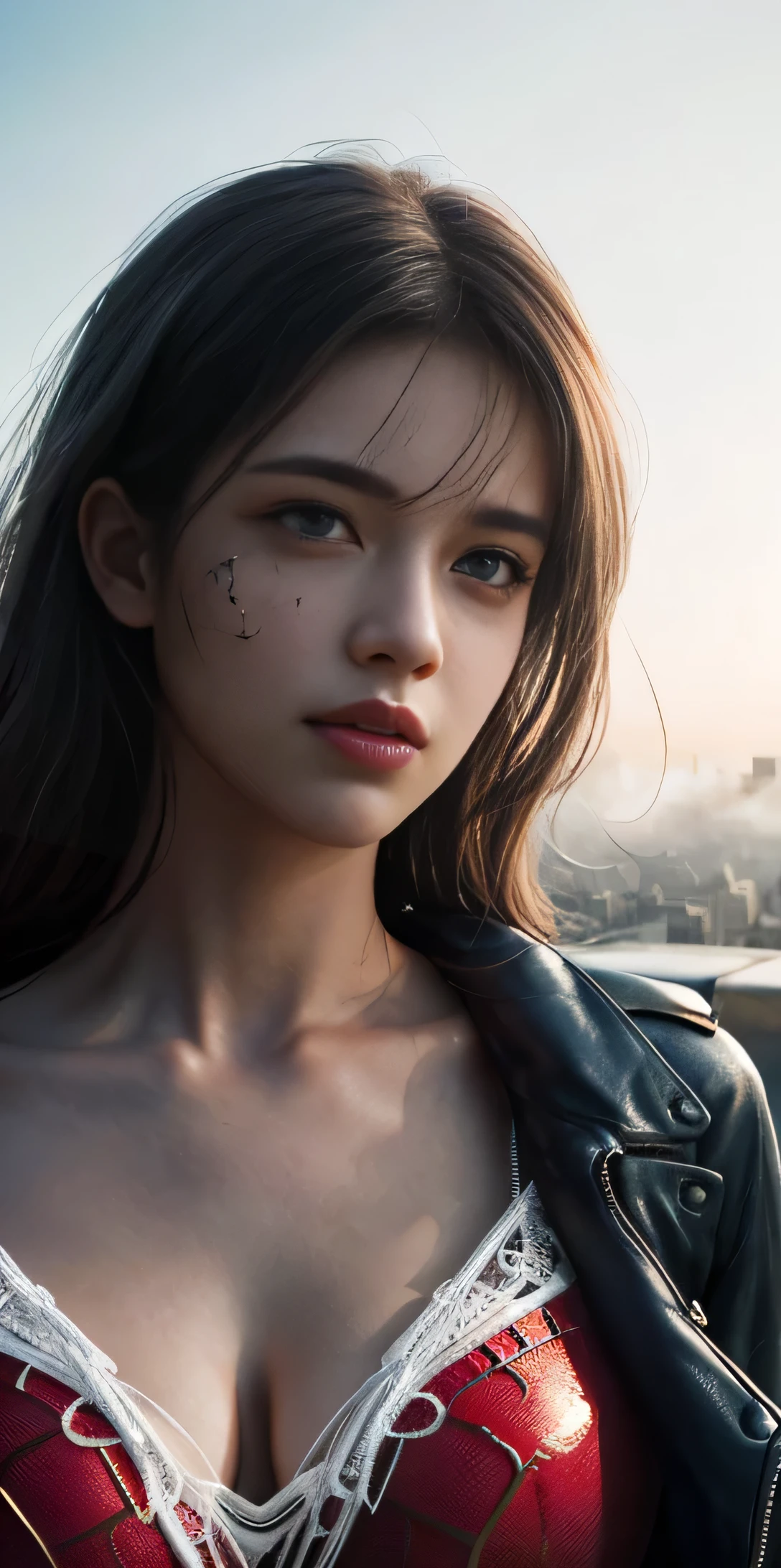 (1girl:1.3), Solo, (((Very detailed face)))), ((Very detailed eyes and face)))), Beautiful detail eyes, Body parts__, Official art, Unified 8k wallpaper, Super detailed, beautiful and beautiful, beautiful, masterpiece, best quality, original, masterpiece, super fine photo, best quality, super high resolution, realistic realism, sunlight, full body portrait, amazing beauty, dynamic pose, delicate face, vibrant eyes, (from the front), She wears Spider-Man suit, red and black color scheme, spider, very detailed city roof background, rooftop, overlooking the city, detailed face, detailed complex busy background, messy, gorgeous, milky white, highly detailed skin, realistic skin details, visible pores, clear focus, volumetric fog, 8k uhd, DSLR, high quality, film grain, fair skin, photo realism, lomography, futuristic dystopian megalopolis, translucent, large breasts:1.3, huge breasts:1.2, sfw