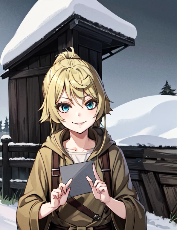 (( very detailed , Art board,  absurdity ))
 HGFiona,  one girl, blond hair,  blue eyes , Hot in a world of snow,  Cowboy shoot, winter clothes,  smiles 