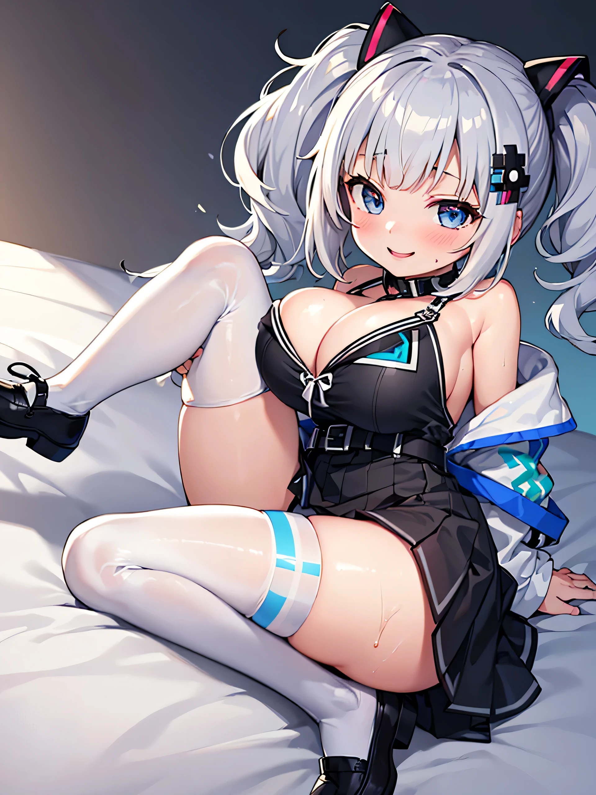 high quality,premium quality, girl, small size breasts, Blue eyes Wink, Low twin tails hairpin, Raise Left Hand, stylish Triangle Bikini