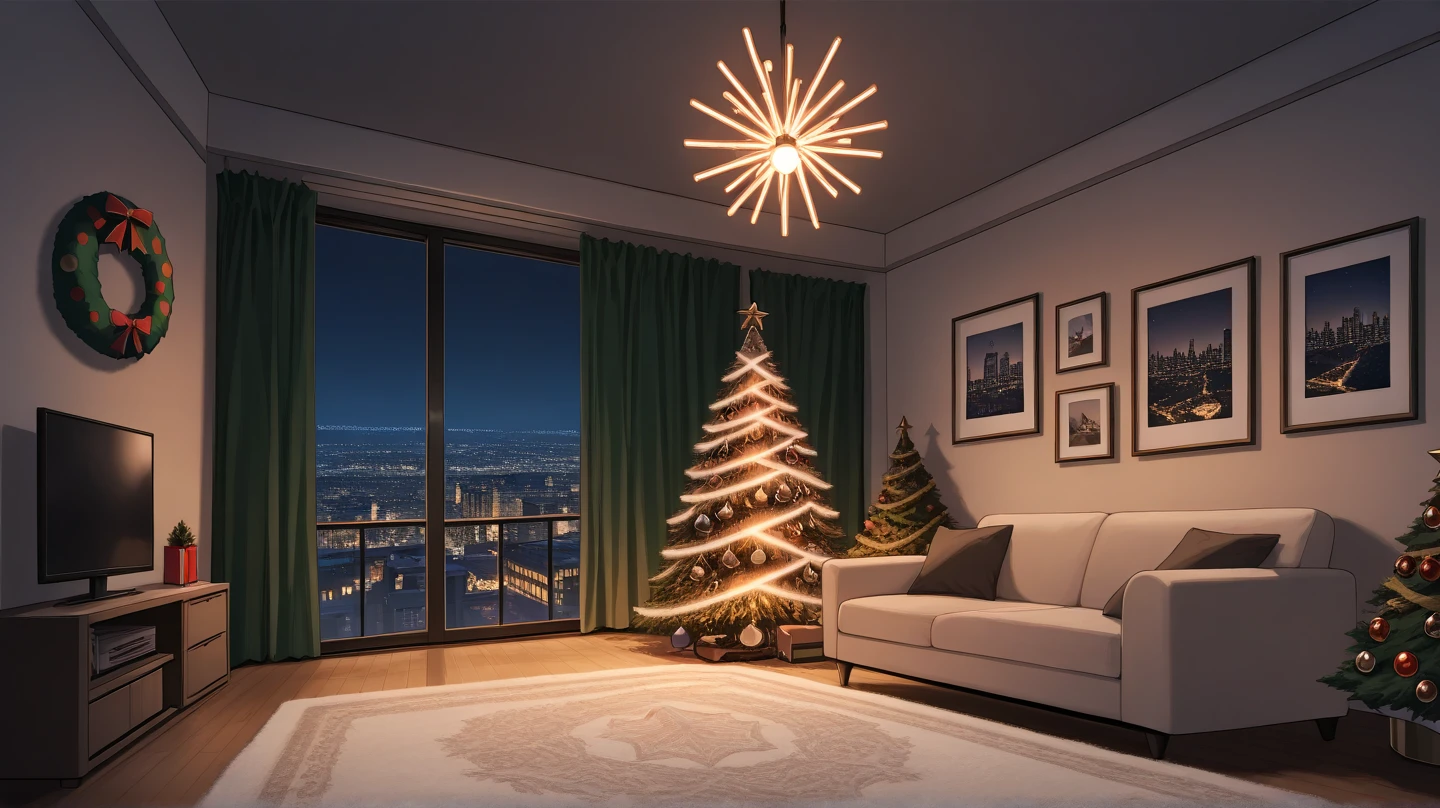 score_9, score_8_up, score_7_up, score_6_up, masterpiece, best quality, intricate details, environment, living room, city backdrop, night, (christmas decorations:1.3)