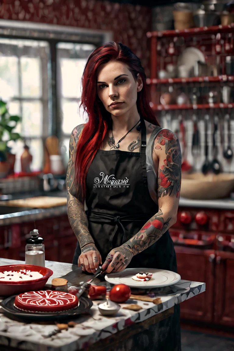 a woman with tattoo, (([red|black] hair)), long hair, with a medical long arm plaster cast, wearing a black apron,  cooking, look at viewer, kitchen, cake and pie on background,  indoors, (soothing tones:1.0), (hdr:1.25), (artstation:1.2), dramatic, (intricate details:1.14), (hyperrealistic 3d render:1.16), (filmic:0.55), (rutkowski:1.1), (faded:1.3)