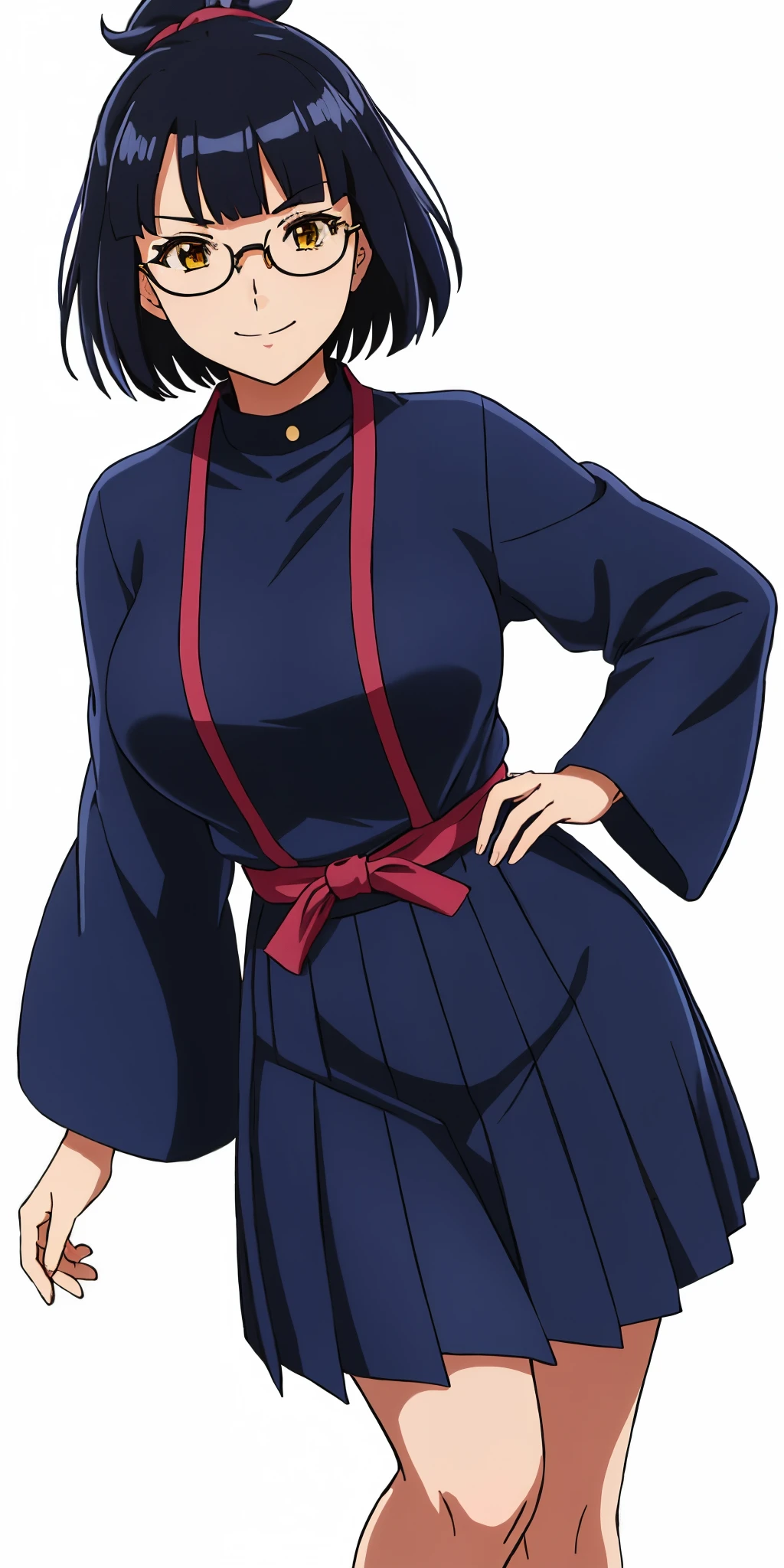 Young woman drawn in 80’s anime art style. 
Retro anime. Vintage Anime. Classical Anime. 
Black Blue HAIR
Pompadour Hair
(Round Glasses)
(Round and Circle eyes)
(Yellow eyes)
(Medium Sized Eyebrows)
(Light Tan Woman)
(Medium Breast)
Seductive Smile

She is wearing a sailor fuku (セーラー服, sērā fuku, sailor outfit) is a common japanese style of uniform worn by women, traditionally by high school female students. 

The uniform generally consists of a blouse attached with a (Navy blue sailor-style collar) and a Dark Navy Blue Sailor Blouse. The length of the long skirt goes down past her ankle.

A ribbon is tied in the front and laced through a loop attached to the sailor outfit. The color is the ribbon is red.

(Dark Navy Blue Sailor Shirt)
(Dark Navy Pleated Skirt)

(Solo)
Location: High School 