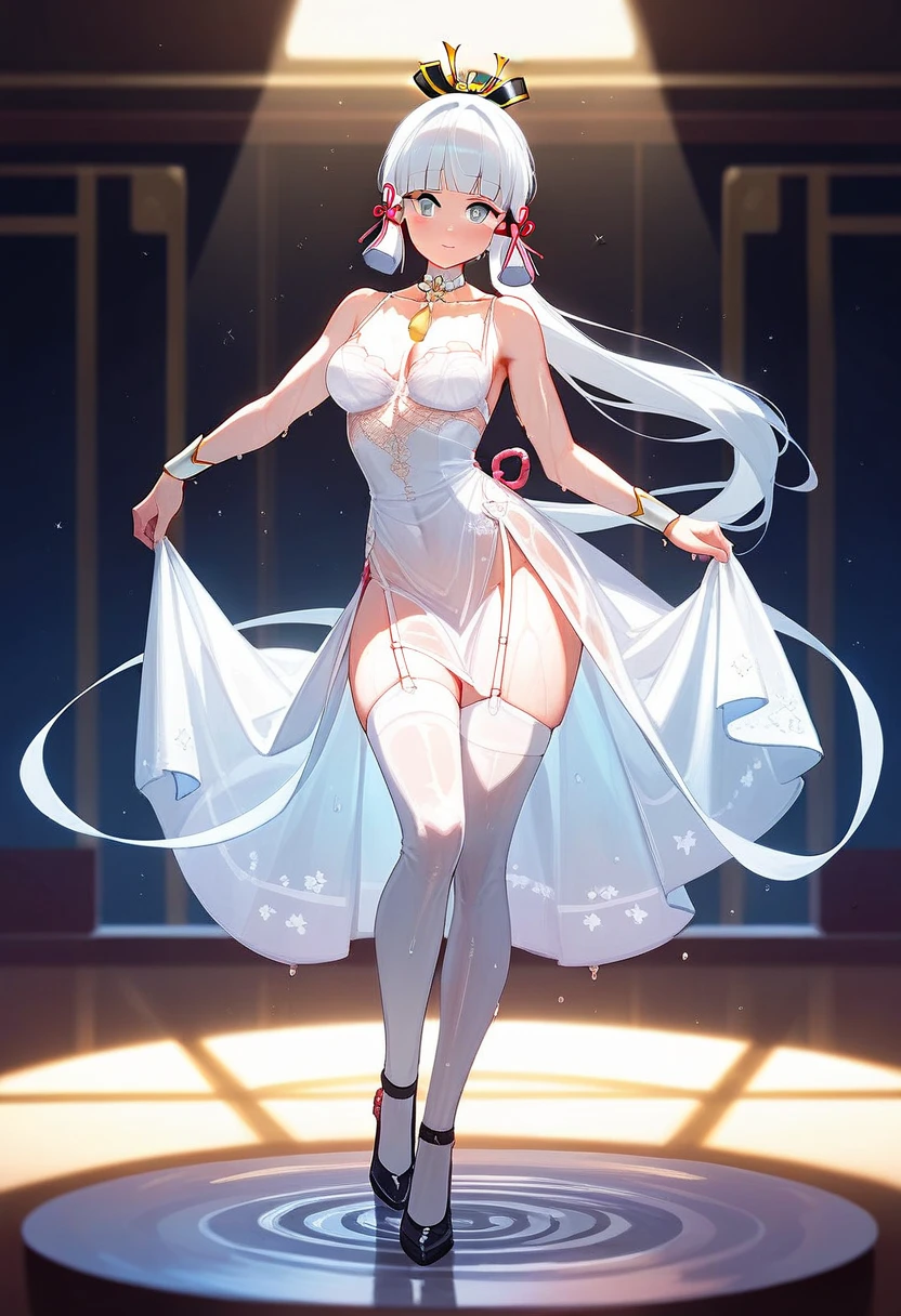 (( beautiful lighting ,  Best Quality , 8K,  Masterpiece: 1.3)), 1 girl,   perfect body beauty: 1.4, elegant, sweaty + wet skin,(( white hair)), ( white dress : 1.4), ( White stockings above the knee: 1.5), ( long dress) soak, Super thin face,  Wonder Woman lingerie , ((dancing in the distance )), ((in a room)), (Ayaka Kamisato)