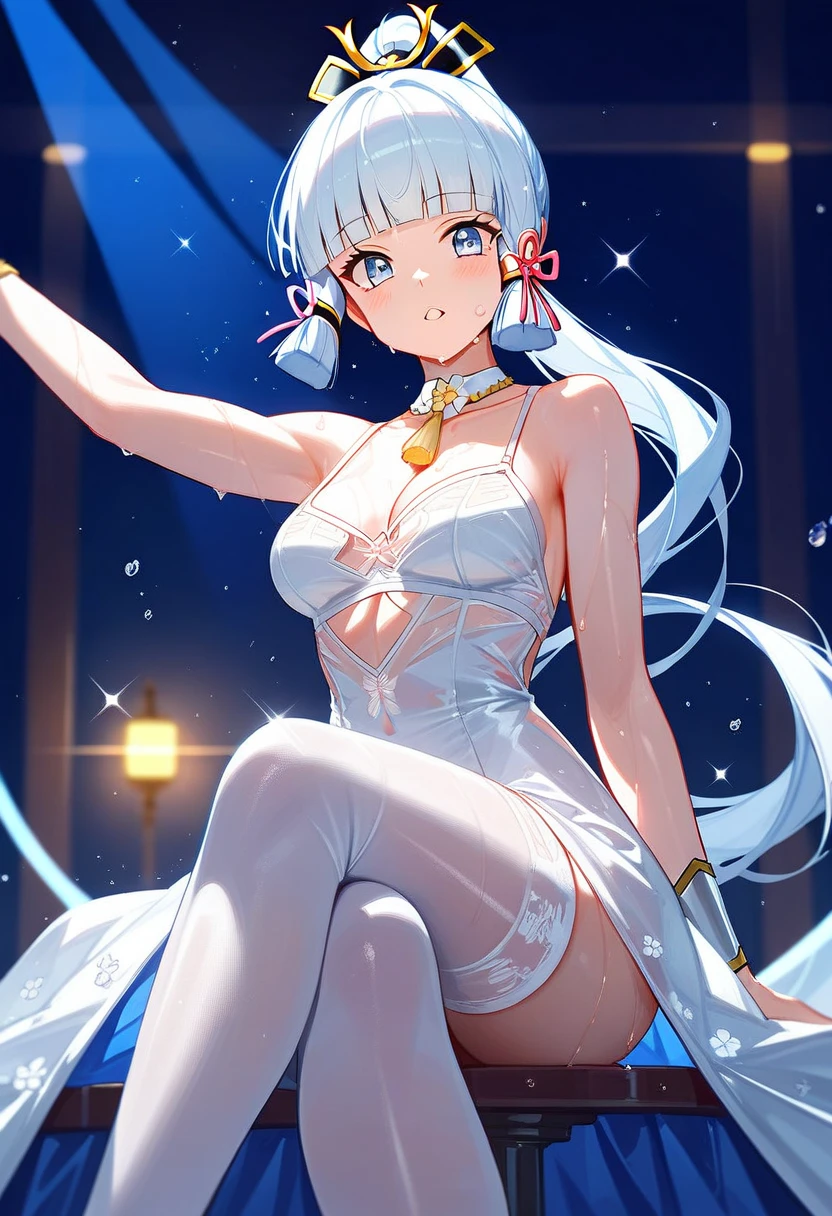 (( beautiful lighting ,  Best Quality , 8K,  Masterpiece: 1.3)), 1 girl,   perfect body beauty: 1.4, elegant, sweaty + wet skin,(( white hair)), ( white dress : 1.4), ( White stockings above the knee: 1.5), ( long dress) soak, Super thin face,  Wonder Woman lingerie , ((dancing in the distance )), ((in a room)), (Ayaka Kamisato)