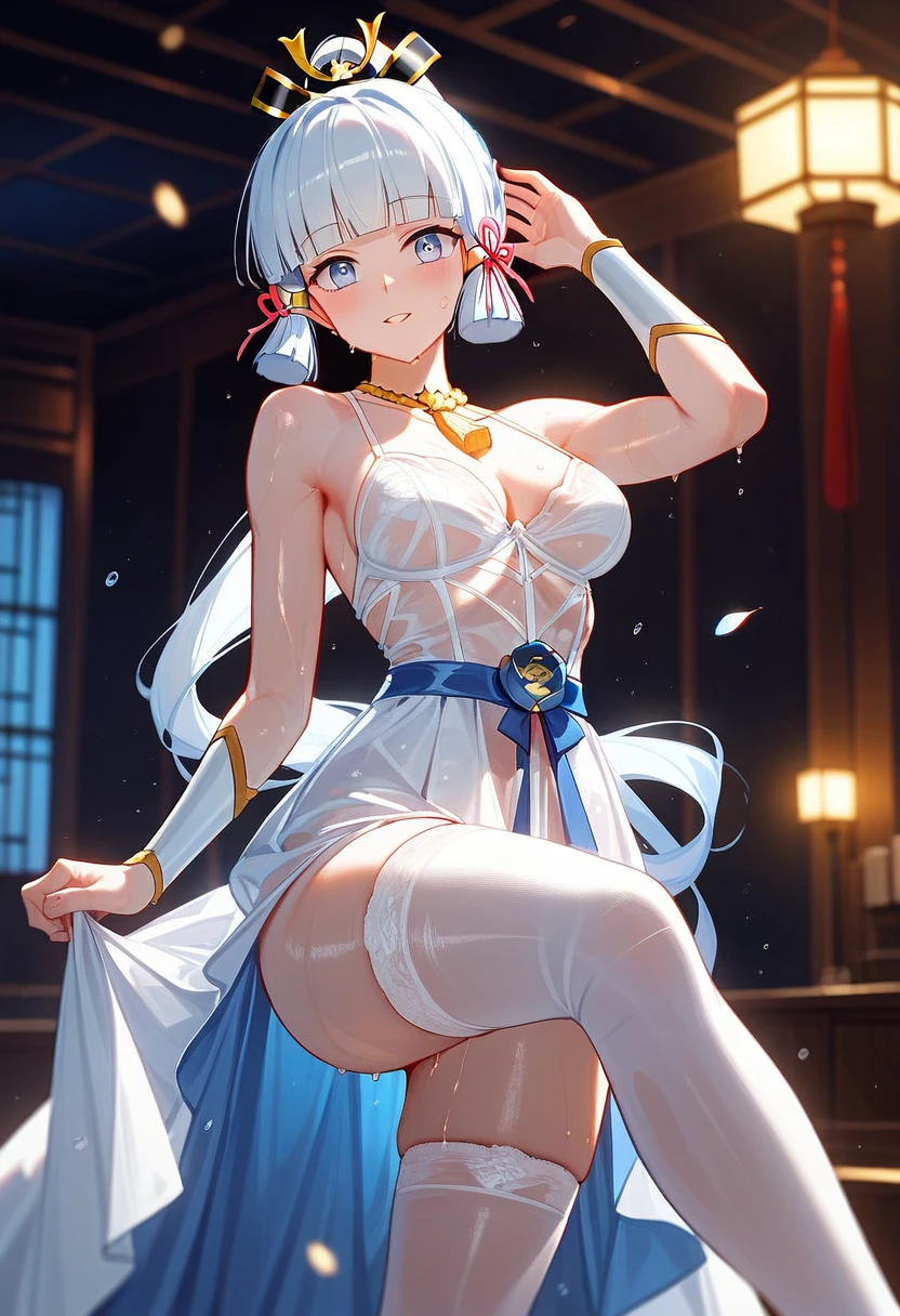 (( beautiful lighting ,  Best Quality , 8K,  Masterpiece: 1.3)), 1 girl,   perfect body beauty: 1.4, elegant, sweaty + wet skin,(( white hair)), ( white dress : 1.4), ( White stockings above the knee: 1.5), ( long dress) soak, Super thin face,  Wonder Woman lingerie , ((dancing in the distance )), ((in a room)), (Ayaka Kamisato)