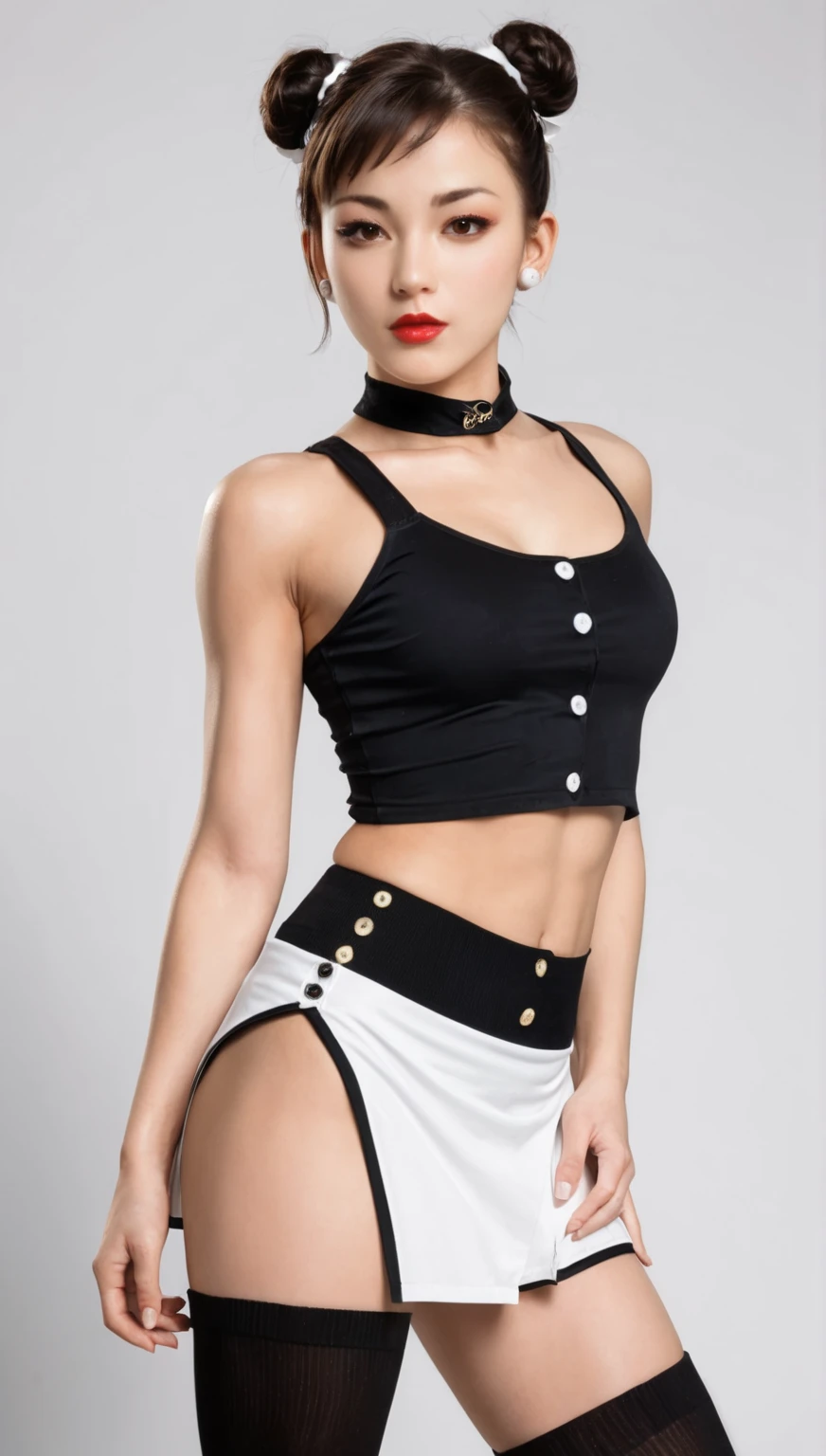 A girl with a double ponytail wearing JK leaky black silk，It has an A4 waist and an I-cup body
