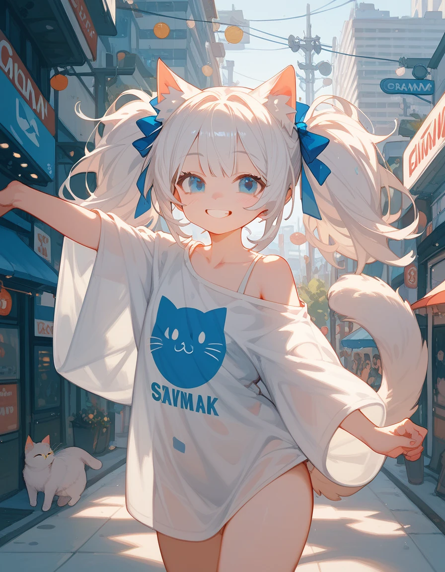 White-haired cat , in blue eyes,2tail ,smile,oversized shirt ,smile, medium-boobed,Double Ponytail ,thin,Mouth ,In the city, festivals,Mouth ครีม