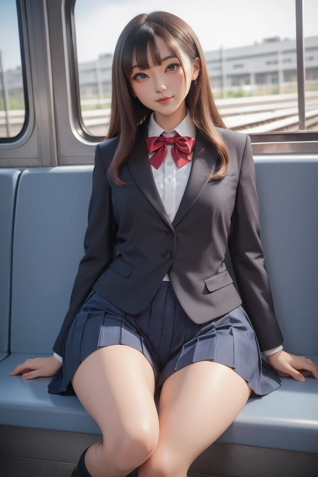 high resolution, 4K, solo, beautiful Japanese  high school girl, detailed eyes,   black blazer, white blouse, a red ribbon, pleated skirt, white sox, loafers, brown hair, middle breast, sitting on train seat, (wide hip:1.4), detailed glossy (thick thigh:1.3), focused on skirt, panties (slightly:1.5) visible in dark shadow, both hands on skirt, (from front:1.2), school bag on train seat, by fisheye, perfect lighting,  av package design style,