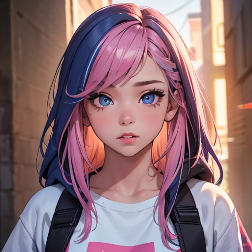 a young girl with long multicolored hair, blue hair, pink hair, beautiful detailed eyes, beautiful detailed lips, extremely detailed face, longeyelashes, wearing a white t-shirt, hoodie, looking at the viewer, (best quality,4k,8k,highres,masterpiece:1.2),ultra-detailed,(realistic,photorealistic,photo-realistic:1.37),hyper detailed portrait, cinematic lighting, vibrant colors, intricate detail, warm tones