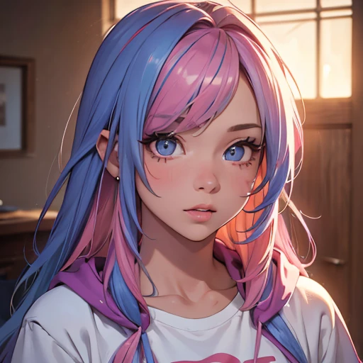 a young girl with long multicolored hair, blue hair, pink hair, beautiful detailed eyes, beautiful detailed lips, extremely detailed face, longeyelashes, wearing a white t-shirt, hoodie, looking at the viewer, (best quality,4k,8k,highres,masterpiece:1.2),ultra-detailed,(realistic,photorealistic,photo-realistic:1.37),hyper detailed portrait, cinematic lighting, vibrant colors, intricate detail, warm tones