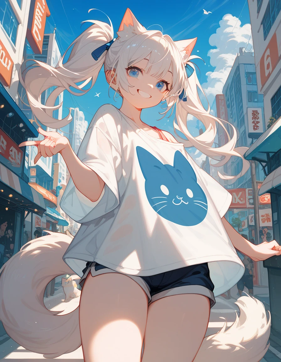 White-haired cat , in blue eyes,2tail ,smile,oversized shirt ,smile, medium-boobed,Double Ponytail ,thin,Mouth ,In the city, festivals,Mouth ครีม, shorts