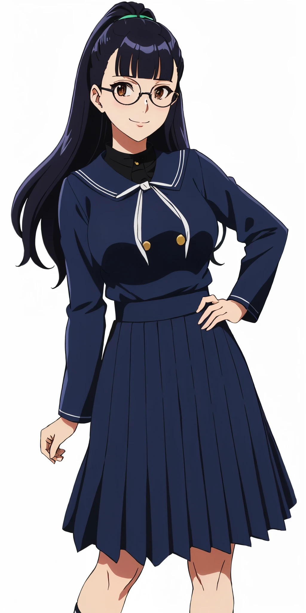 Young woman drawn in 80’s anime art style. 
Retro anime. Vintage Anime. Classical Anime. 
Black Blue HAIR
Pompadour Hair
(Round Glasses)
(Round and Circle eyes)
(Light Brown eyes)
(Medium Sized Eyebrows)
(Freckles)
(Light Tan Woman)
(Medium Breast)
Seductive Smile

She is wearing a sailor fuku (セーラー服, sērā fuku, sailor outfit) is a common japanese style of uniform worn by women, traditionally by high school female students. 

The uniform generally consists of a blouse attached with a (Navy blue sailor-style collar) and a Dark Navy Blue Sailor Blouse. The length of the long skirt goes down past her ankle.

A ribbon is tied in the front and laced through a loop attached to the sailor outfit. The color is the ribbon is red.

(Dark Navy Blue Sailor Shirt)
(Dark Navy Pleated Skirt)

(Solo)
Location: High School 