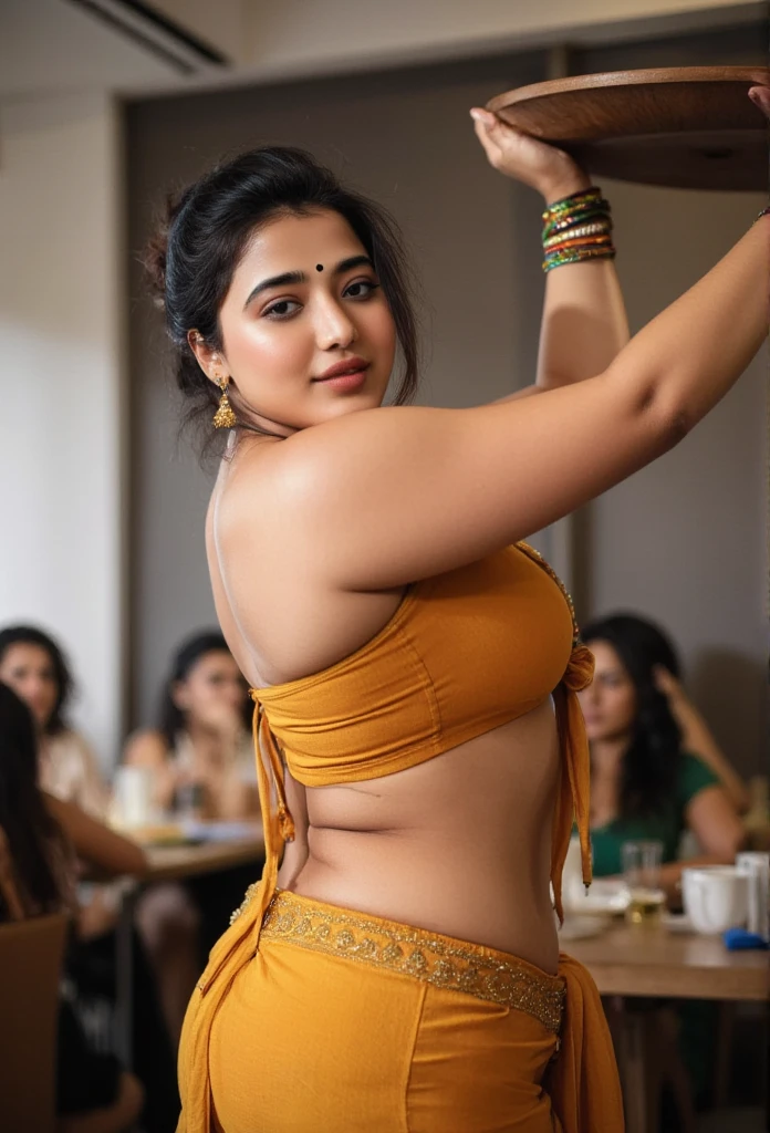 In a cozy, bustling café, an Indian girl stands poised as a waitress, holding a tray gracefully in one hand with a warm, welcoming smile. Her long hair is styled in a neat updo, and she’s dressed in a traditional  blouse with short sleeves and a knotted front, paired with a matching draped bottom piece featuring an embellished waistband, lending a unique touch to her look. She wears delicate jewelry, including small gold earrings and colorful bangles, and has a small bindi on her forehead, adding a hint of traditional charm to her modern role, big . 

The café is lively, with patrons engaged in quiet conversations and the aroma of fresh coffee in the air. She weaves through the tables effortlessly, ready to serve with grace and warmth, enhancing the inviting atmosphere