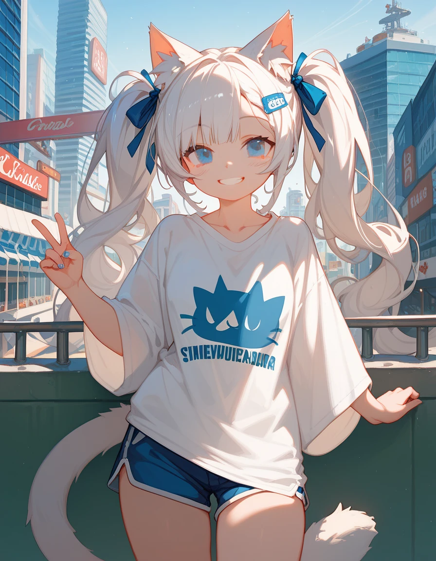 White-haired cat , in blue eyes,2tail ,smile,oversized shirt ,smile, medium-boobed,Double Ponytail ,thin,Mouth ,In the city, festivals,Mouth ครีม, shorts,มี2tail ,pov facial