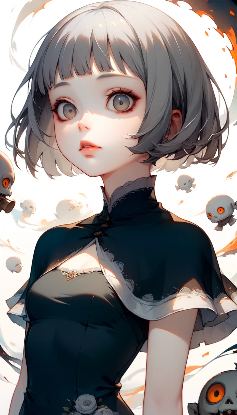 ((wallpaper 8k)), ((  surreal)), ((  Quality that shines with attention to detail:1.2)),   1 girl, １４、Kind eyes、    plump lips 、 gray hair 、Fatigue、(((  small breasts)))、Black Classy Dress  ,  black capelet  ,   looks up, Widespread poverty, (((   short bob、 gray hair :1.5)))、  white skin