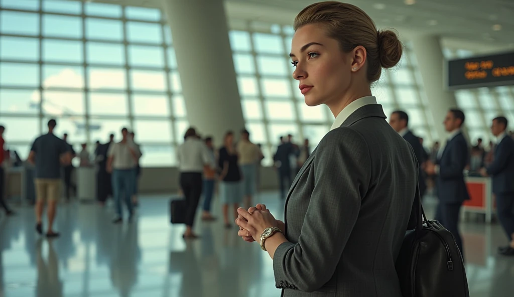 Bustling airport terminal. A businesswoman in a tailored suit walks confidently through the crowd, pulling a sleek carry-on. The camera tracks her from behind, then moves to her side as she checks her watch. She pauses at a gate, looking out the window at a plane taking off. The scene ends with a close-up of her determined expression