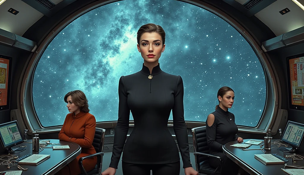 Futuristic spaceship bridge. The captain, a woman with a commanding presence, stands at the helm, giving orders. The camera circles around her, showing the advanced controls and crew members at their stations. The viewscreen displays a breathtaking starfield. The scene ends with a close-up of the captain's focused expression