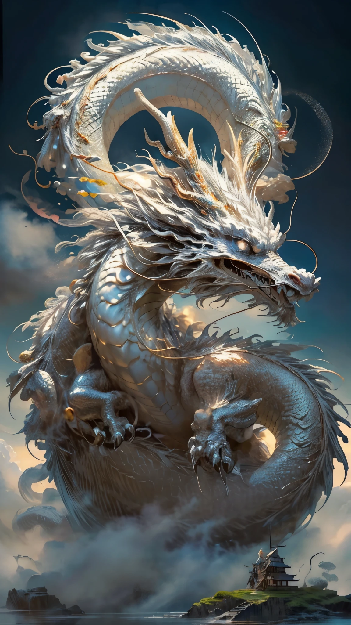 Painting of a dragon in the sky with a castle in the background - SeaArt AI