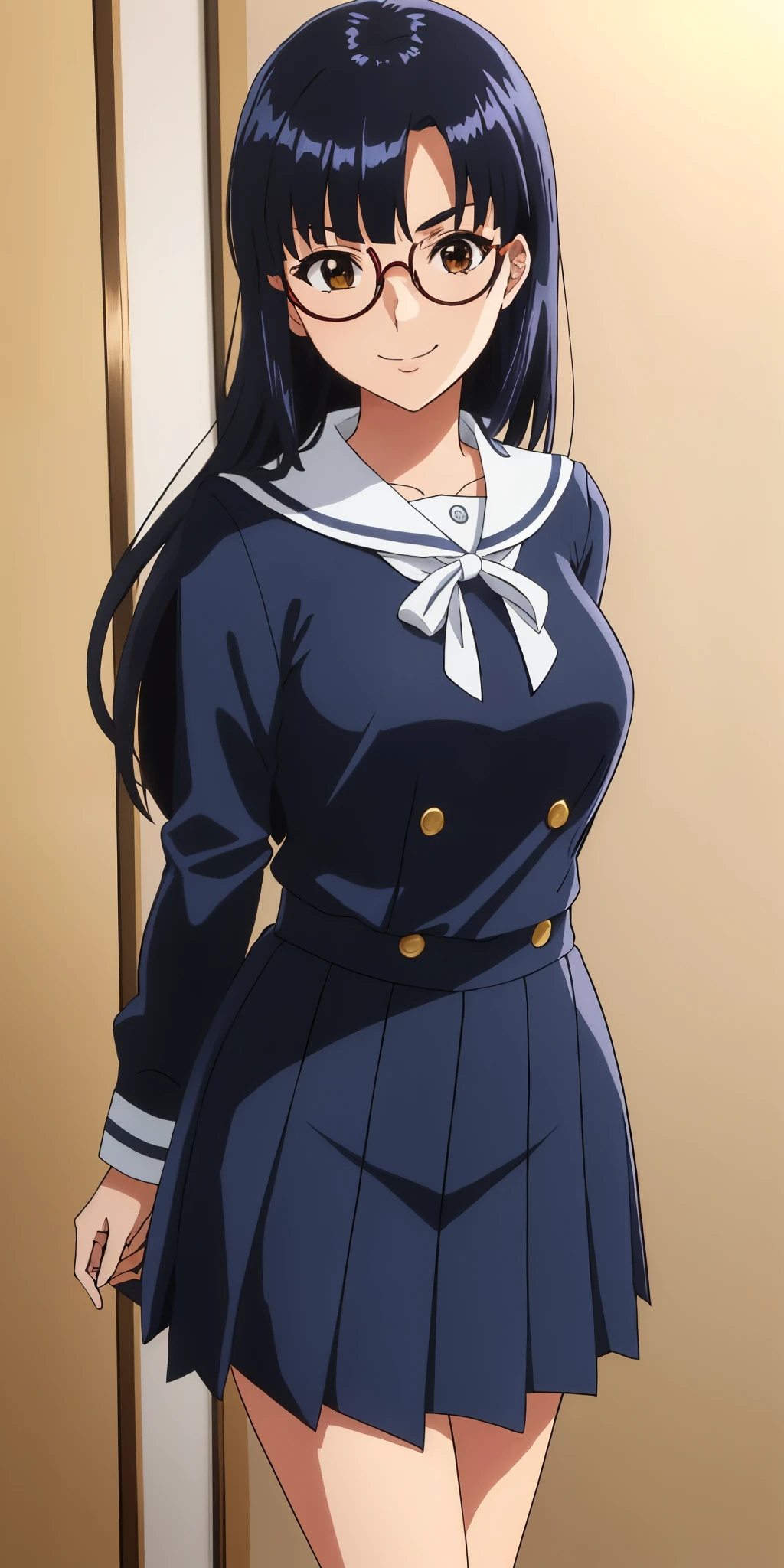 Young woman drawn in 80’s anime art style. 
Retro anime. Vintage Anime. Classical Anime. 
Black Blue HAIR
Pompadour Hair
(Round Glasses)
(Round and Circle eyes)
(Light Brown eyes)
(Medium Sized Eyebrows)
(Freckles)
(Light Tan Woman)
(Medium Breast)
Seductive Smile

She is wearing a sailor fuku (セーラー服, sērā fuku, sailor outfit) is a common japanese style of uniform worn by women, traditionally by high school female students. 

The uniform generally consists of a blouse attached with a (Navy blue sailor-style collar) and a Dark Navy Blue Sailor Blouse. The length of the long skirt goes down past her ankle.

A ribbon is tied in the front and laced through a loop attached to the sailor blouse. The color is the ribbon is red.

(Dark Navy Blue Sailor Shirt)
(Dark Navy Pleated Skirt)

(Solo)
Location: High School 