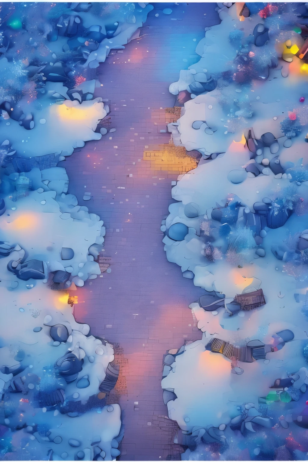 "A strategic war map divided into a 6x4 grid with vibrant, colorful territories, each marked by symbols of Christmas like snowy fields, decorated Christmas trees, and festive lights. Some territories contain towers shaped like Christmas ornaments or candy canes, while others have danger symbols resembling Christmas presents with warnings. The background is a snowy landscape under a starry night sky, creating a magical Christmas battlefield. Add a countdown timer at the top saying '3 Minutes' in festive red and green colors."