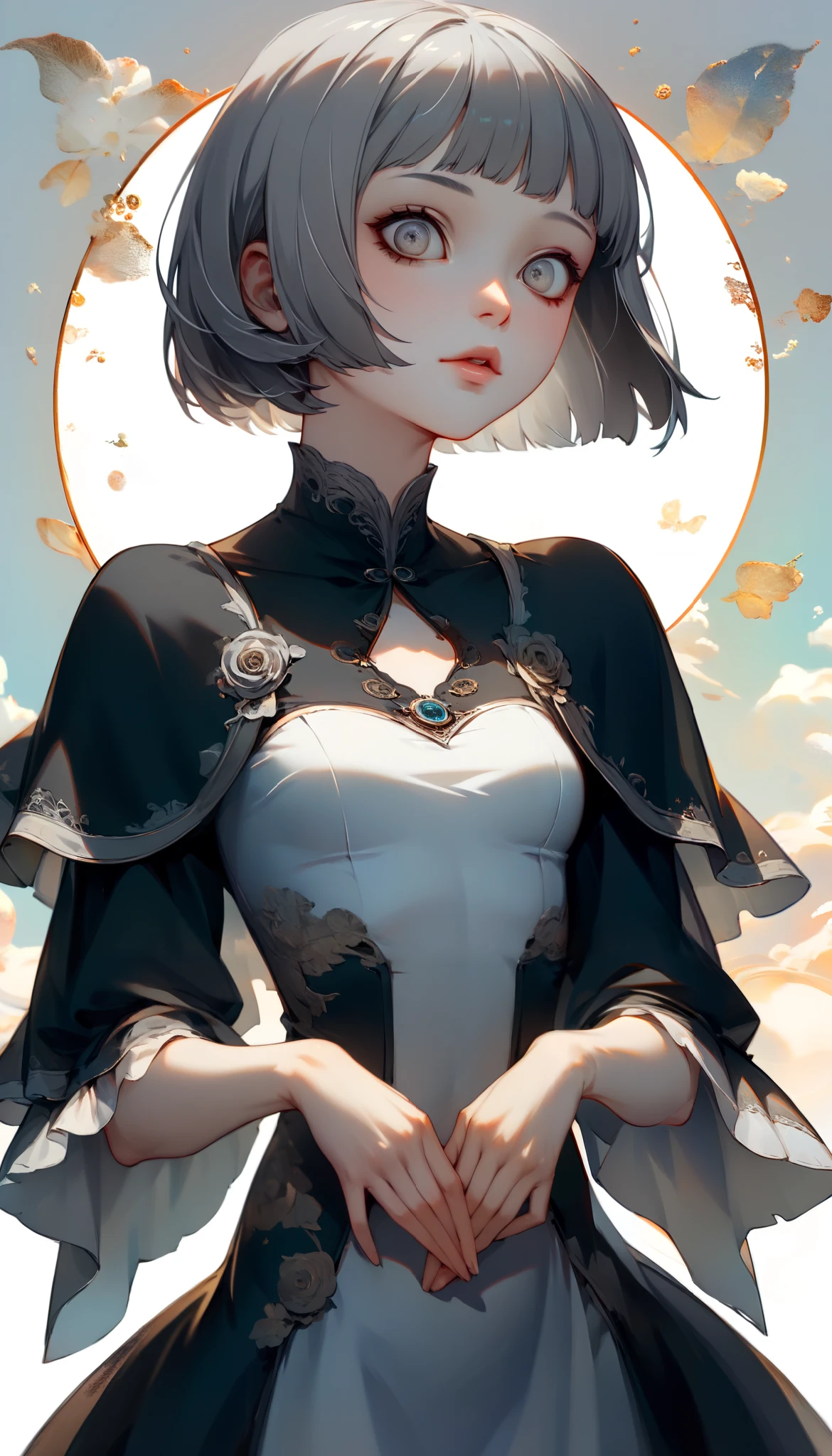 ((wallpaper 8k)), ((  surreal)), ((  Quality that shines with attention to detail:1.2)),   1 girl, １４、Kind eyes、    plump lips 、 gray hair 、Fatigue、(((  small breasts)))、Black Classy Dress  ,  black capelet  ,   looks up, Widespread poverty, (((   short bob、 gray hair :1.5)))、  white skin