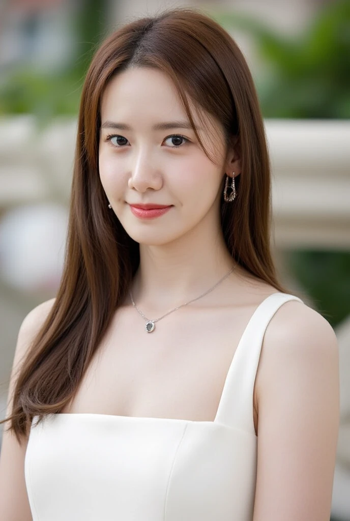 1girl, slender korean kpop idol and model ,long brown straight hairstyle ,23 years old,soft body, big breast, fair skin,close-up, 8k, RAW photo, best quality, masterpiece,realistic, photo-realistic,cute,mansion , summer ,soft light, High image quality,( sexy solid white dress , no bra, choker , erotic post