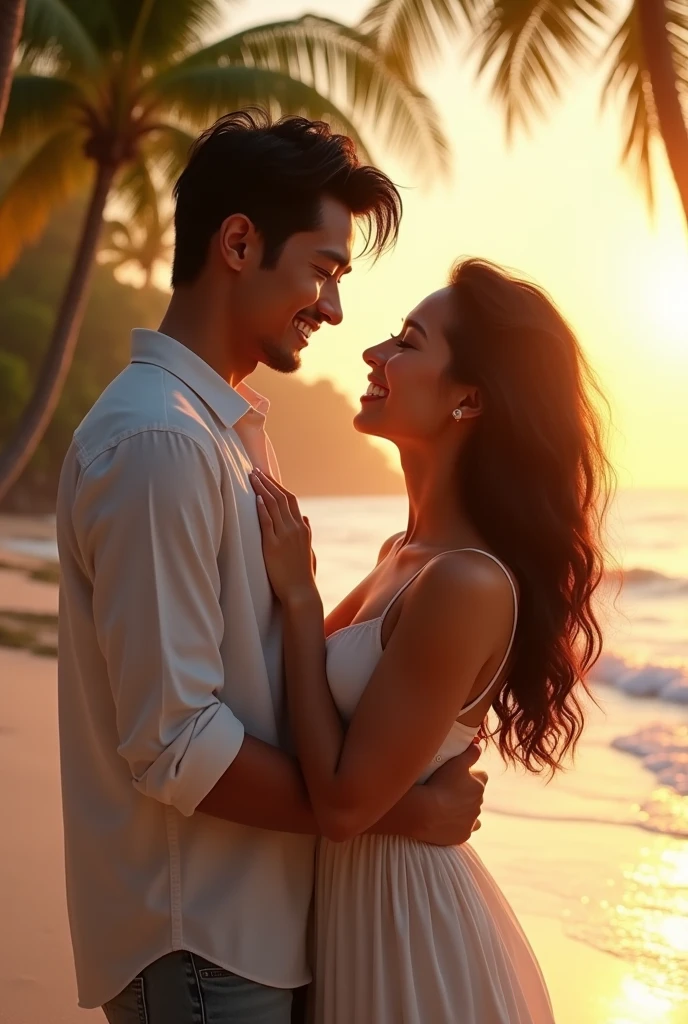 In an idyllic scene on the beach, the gentle morning sunlight tenderly envelops a Vietnamese couple, their faces beaming with radiant smiles that mirror the endless joy and contentment etched into their lines and creases. The passage of time, marked by 20 fruitful years of marriage, is etched upon their faces, yet their youthful vibrancy shines through their smooth, sun-kissed skin.

Embracing each other tightly, they merge into a space of eternal love and unity, like two birds gracefully soaring together in perfect harmony. Their warm, expressive eyes gleam with unwavering affection, and the tender touch of their hands speaks volumes of the