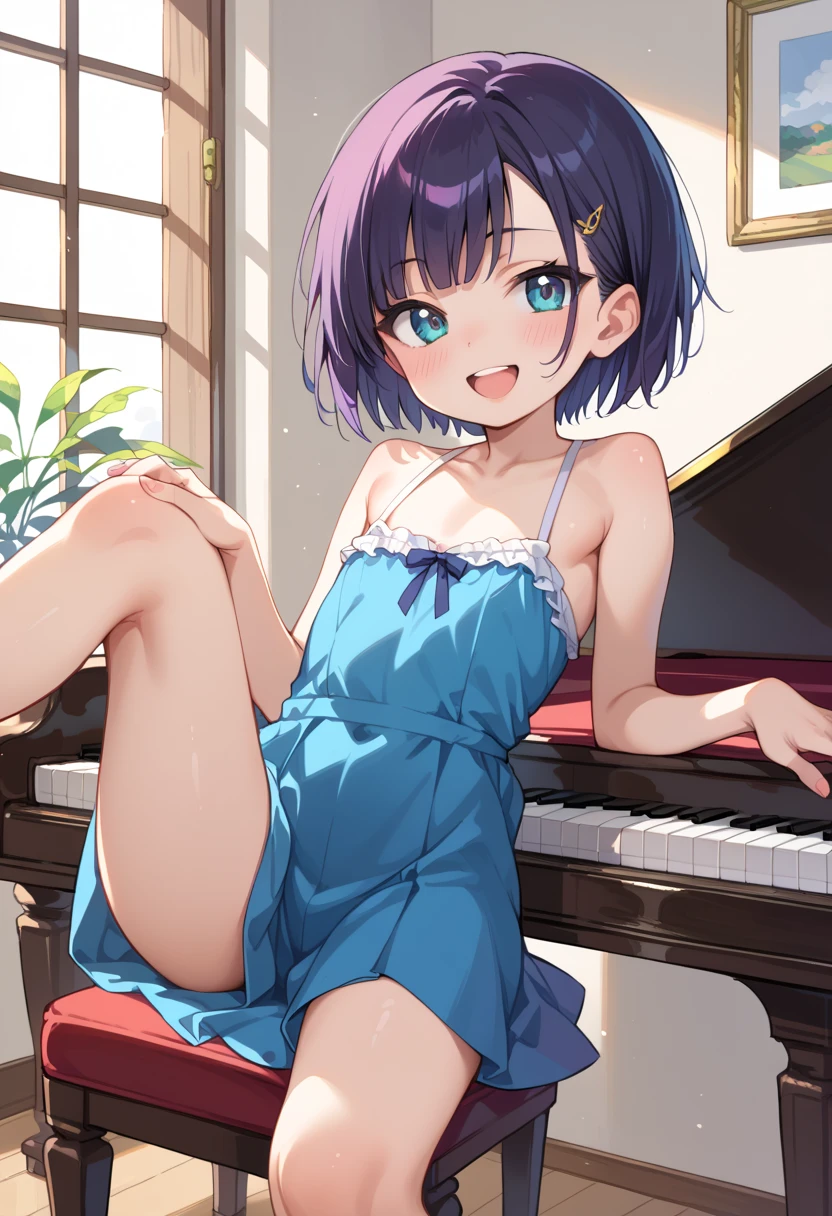 (( top quality)), ((masterpiece)), (be familiar with),  perfect face, indoor, bedroom,  watching viewers,
One woman, Mikazuki Kan,
 open mouth,  ecstatic expression beside the piano, blush, smile,
 small ,  flat chested, Young girl, Lori,  kids,  girl,
Short Hair,  short hair,
Leg spread,