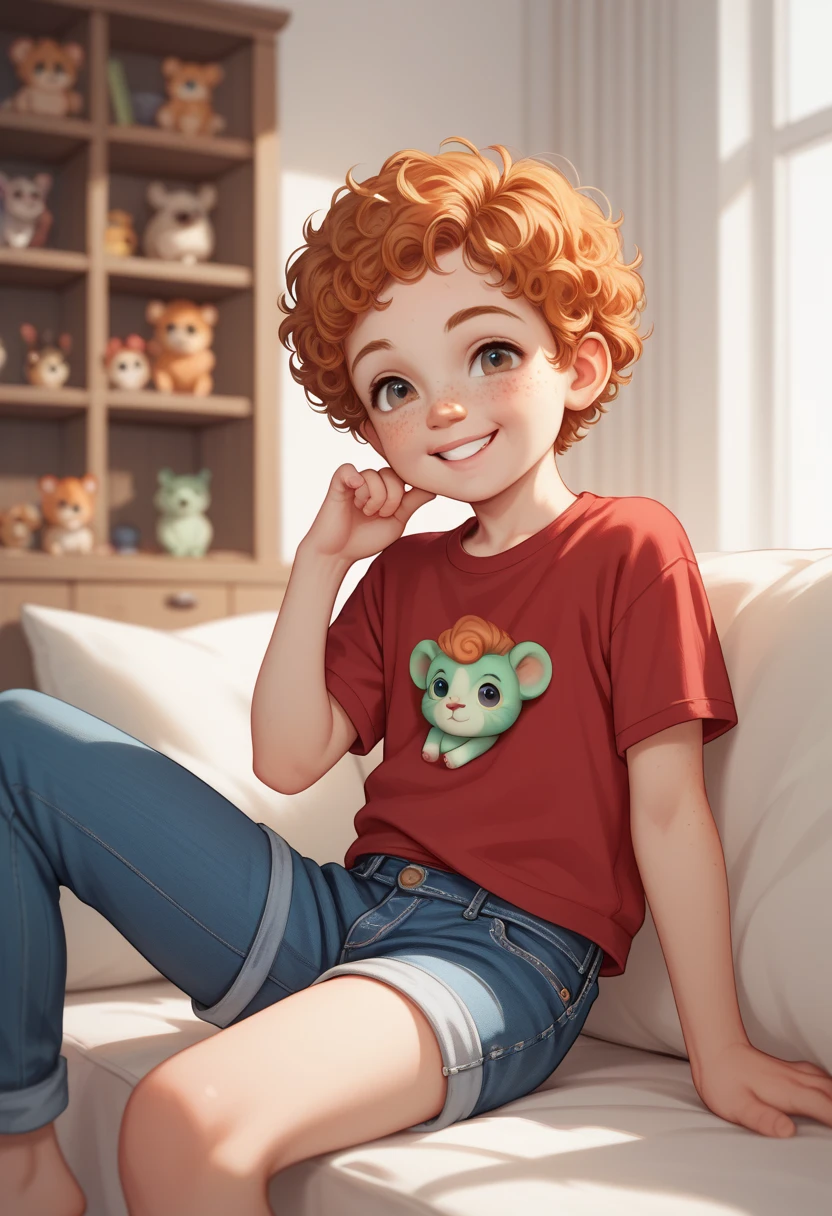  little 4-yr old boy, cute, young, little, short, thin, Age Regression, toddler, Shotacon, curly ginger hair, hazel eyes, Freckles on the face, smile, red shirt, Jeans shorts, sitting pose, zoo background