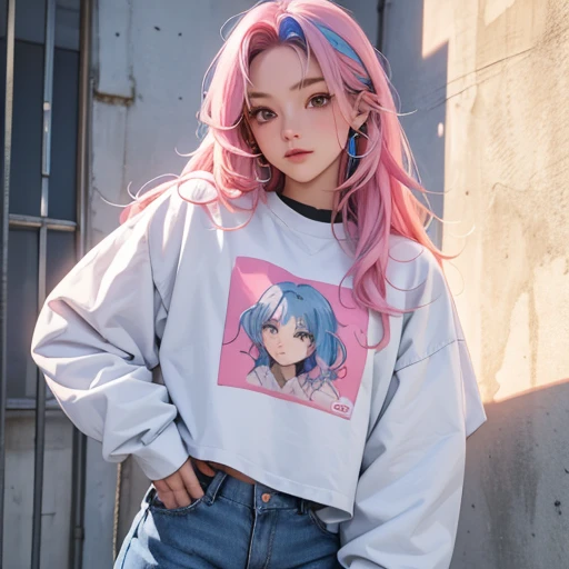  Young ,  long multicolored hair , blue hair, Pink hair wearing white t-shirt  , Sweatshirt and sneakers looking at the spectator (  best quality , detailed, realistic)