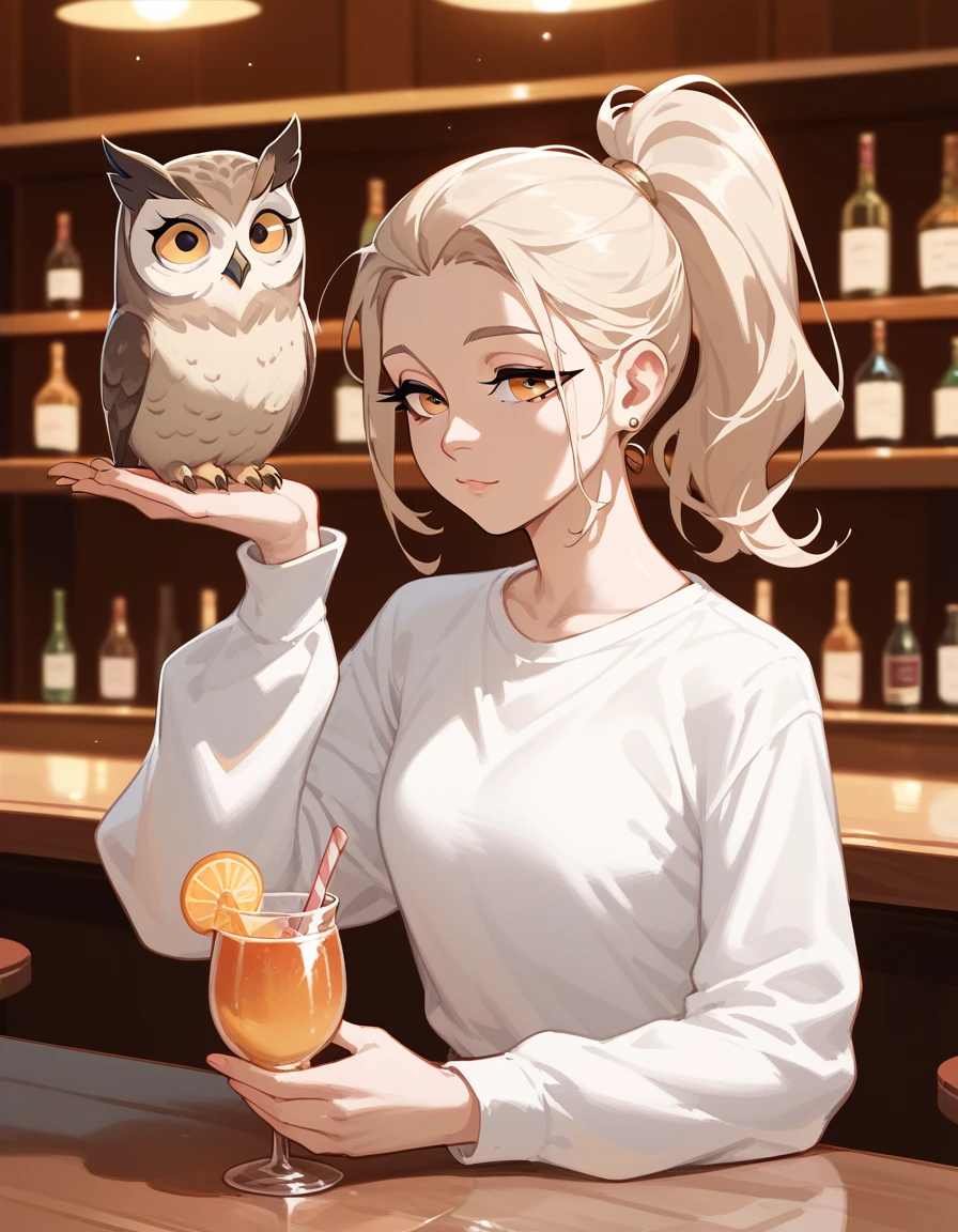 Owl Girl, White Long Sleeve Shirt, Ponytail,Light golden bronze hair,Bar Girl ,Owl's ear,Half animal, medium face ,Owl Man 