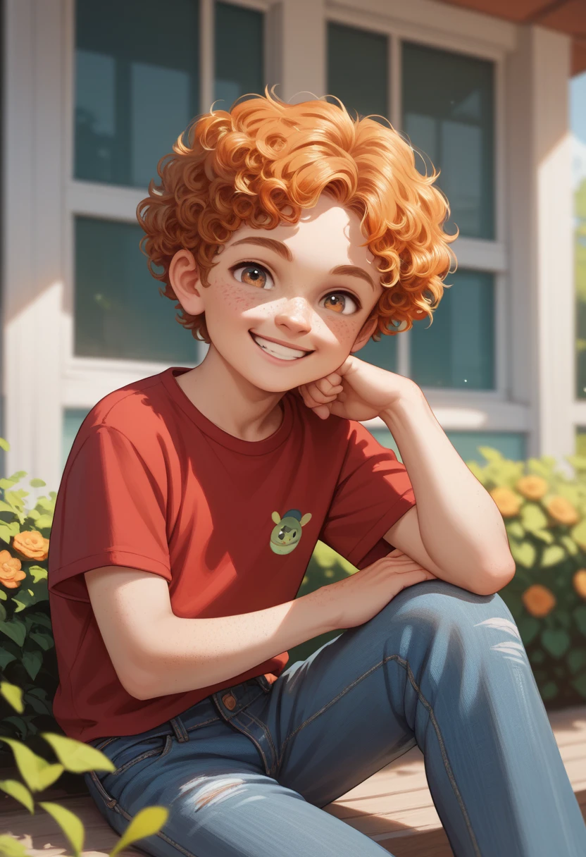  little 4-yr old boy, cute, young, little, short, thin, Age Regression, Shotacon, curly ginger hair, hazel eyes, Freckles on the face, smile, red shirt, Jeans shorts, sitting pose, outdoor zoo background