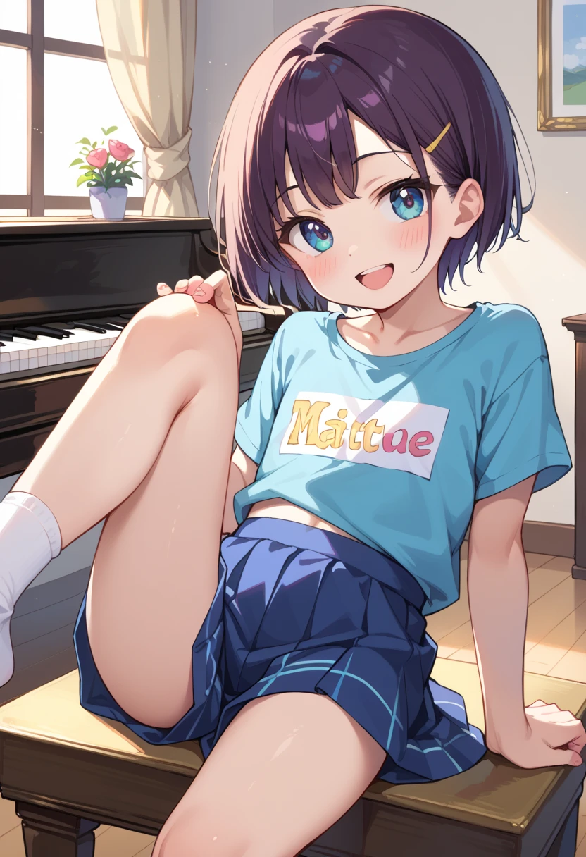 (( top quality)), ((masterpiece)), (be familiar with),  perfect face, indoor, bedroom,  watching viewers,
One woman, Mikazuki Kan,
 open mouth,  ecstatic expression beside the piano, blush, smile,
 small ,  flat chested, Young girl, Lori,  kids,  girl,
Short Hair,  short hair,
Leg spread,