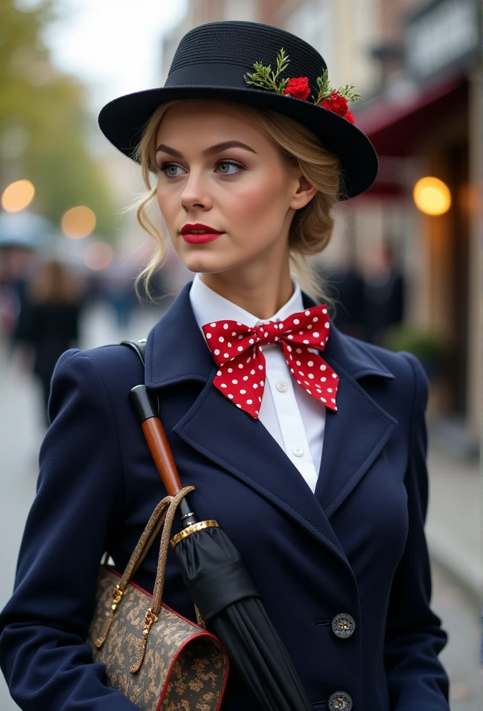 Create a realistic and sexy depiction of Nancy Ace as Mary Poppins. She is wearing a tailored navy-blue coat with a fitted waist and flared hem, buttoned neatly over a crisp white blouse with a red and white polka-dot bow tie at the collar. She holds a black umbrella with a parrot-shaped handle in one hand and an intricately patterned vintage carpet bag in muted tones in the other. Her short, wavy blonde hair is styled neatly beneath a black straw boater hat adorned with a small red flower and delicate berries. Her makeup is classic, with rosy cheeks and soft red lipstick, complementing her warm, refined look. The background is an Edwardian London street scene, softly lit to evoke a magical and nostalgic atmosphere



