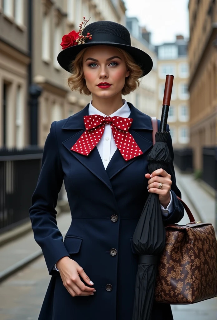 Create a realistic and sexy depiction of Nancy Ace as Mary Poppins. She is wearing a tailored navy-blue coat with a fitted waist and flared hem, buttoned neatly over a crisp white blouse with a red and white polka-dot bow tie at the collar. She holds a black umbrella with a parrot-shaped handle in one hand and an intricately patterned vintage carpet bag in muted tones in the other. Her short, wavy blonde hair is styled neatly beneath a black straw boater hat adorned with a small red flower and delicate berries. Her makeup is classic, with rosy cheeks and soft red lipstick, complementing her warm, refined look. The background is an Edwardian London street scene, softly lit to evoke a magical and nostalgic atmosphere



