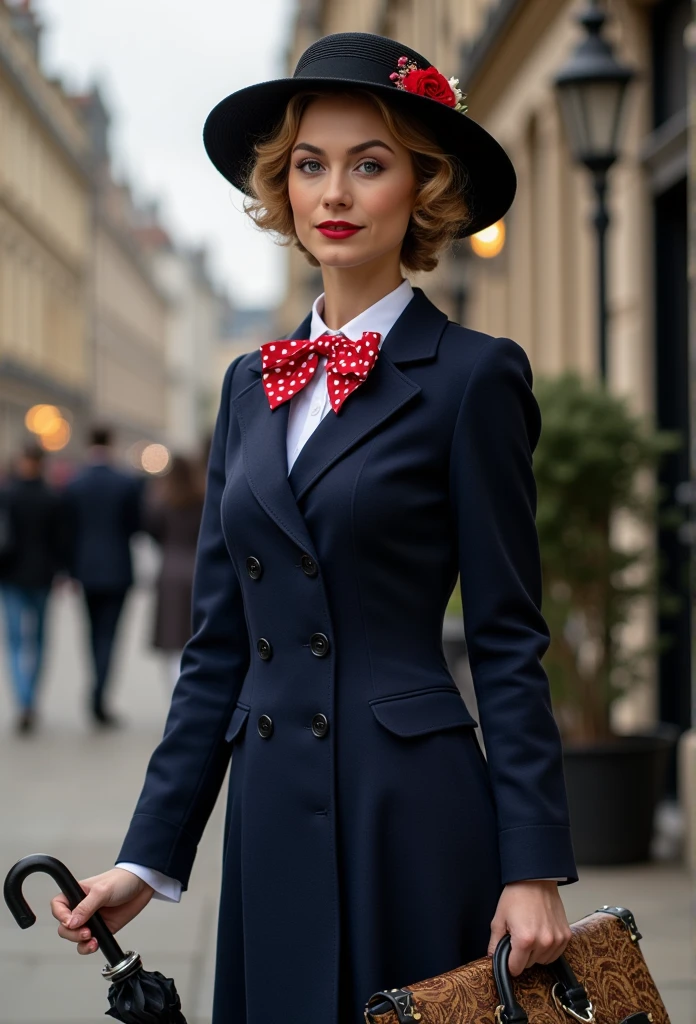 Create a realistic and sexy depiction of Nancy Ace as Mary Poppins. She is wearing a tailored navy-blue coat with a fitted waist and flared hem, buttoned neatly over a crisp white blouse with a red and white polka-dot bow tie at the collar. She holds a black umbrella with a parrot-shaped handle in one hand and an intricately patterned vintage carpet bag in muted tones in the other. Her short, wavy blonde hair is styled neatly beneath a black straw boater hat adorned with a small red flower and delicate berries. Her makeup is classic, with rosy cheeks and soft red lipstick, complementing her warm, refined look. The background is an Edwardian London street scene, softly lit to evoke a magical and nostalgic atmosphere



