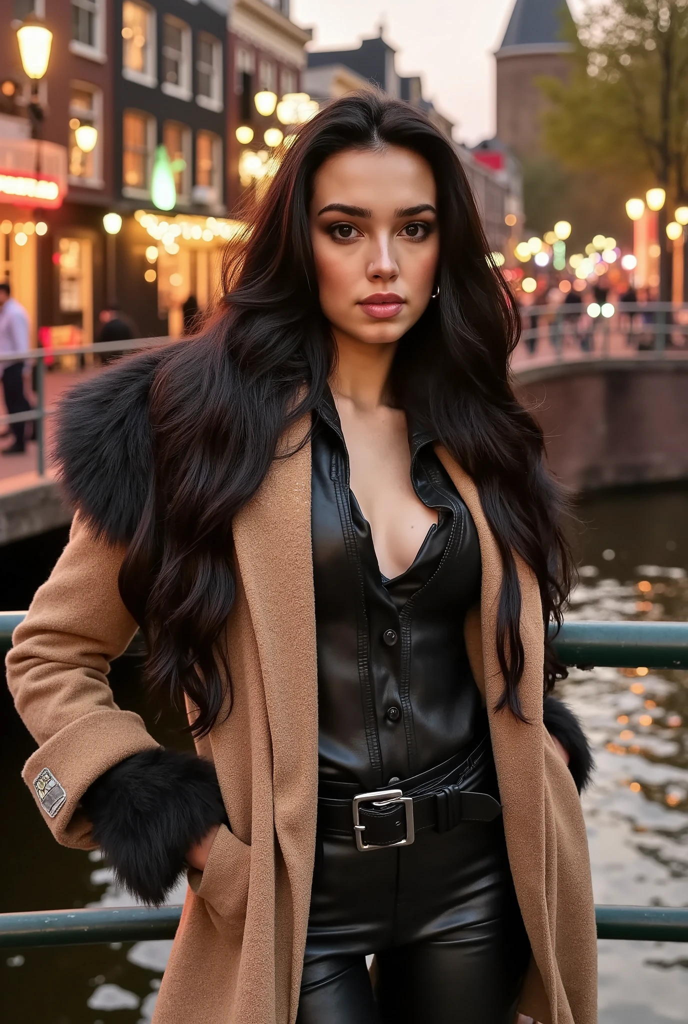 Foreground: a gorgeous European woman, age 18, wet wavy hair in the wind. she's a men magazine model, She has a subtle smile and flirts with the camera, (she wears casual shirt with a long wool sweater and latex pants with big belt:1.2),background walking in Amsterdam, (Amsterdam canals at sunset lighting:1.3), red light district Amsterdam, perfect eyes, perfect hands, perfect body, perfect hair, perfect breast, hair behind ear, UHD, retina, masterpiece, accurate, anatomically correct, textured skin, super detail, high details, high quality, award winning, best quality, highres, 16k, 8k,