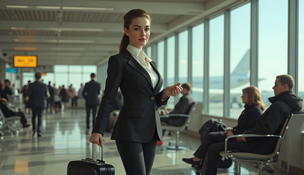 Ultra-realistic scene of a confident businesswoman in a tailored suit, walking through a bustling airport terminal. She pulls a sleek carry-on behind her, checking her watch as she navigates the crowd. The camera tracks her from behind, then moves to her side as she pauses at a gate, looking out the window at a plane taking off. The scene ends with a close-up of her determined expression, captured with a dynamic depth of field and natural lighting.