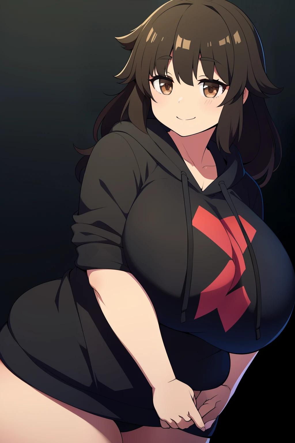 Chubby girl with big breasts brown eyes medium long and messy black hair smiling jinako carigiri black hoodie