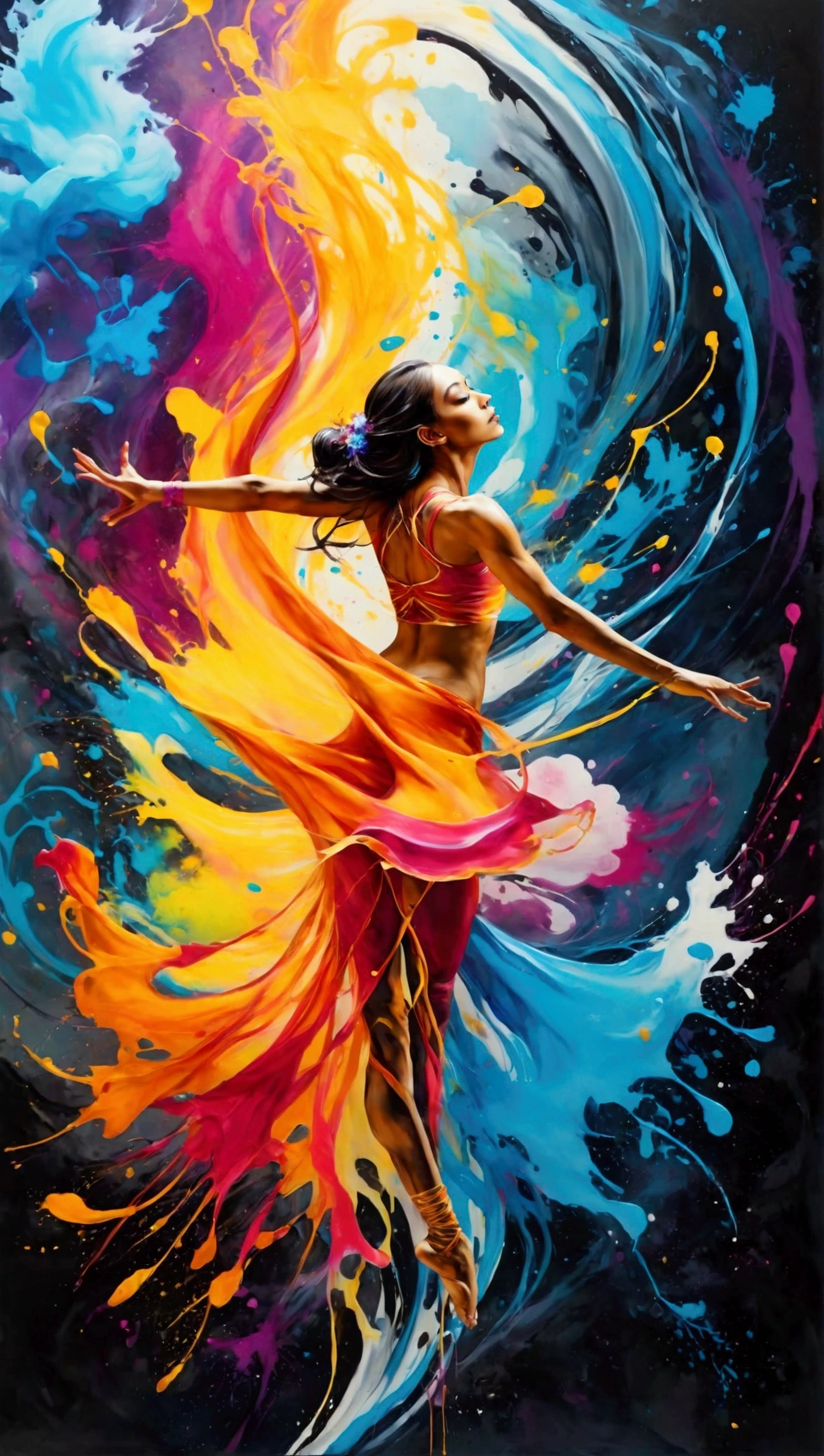 A mesmerizing, surreal ink splatter painting of a dancer suspended mid-air, gracefully captured in a moment of pure motion. The scene is enveloped in a swirling vortex of vibrant musical notes that flow like liquid, creating an ethereal atmosphere. The artwork features 8K resolution and hyper-detailed textures, blending elements of graffiti art and splash art with a street art vibe. The dancer is adorned in flowing, colorful attire that seems to dissolve into the background, merging with the high-contrast, polychromatic hues. The use of oil gouache and acrylic creates a melting effect, adding depth and fluidity to the composition. This ultra-detailed masterpiece exudes a sense of dynamism and dreaminess, inviting viewers into a world of artistic expression.