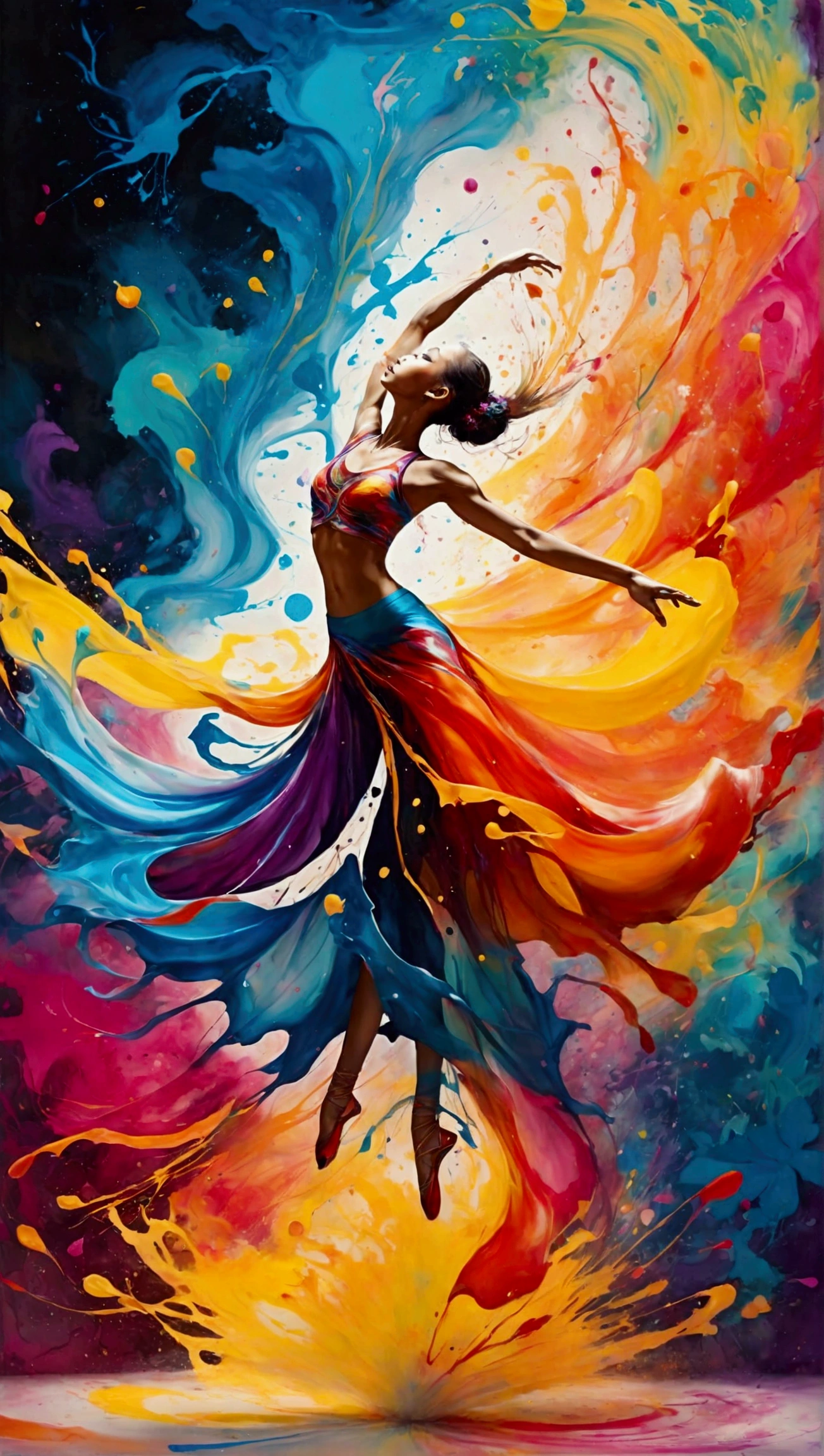 A mesmerizing, surreal ink splatter painting of a dancer suspended mid-air, gracefully captured in a moment of pure motion. The scene is enveloped in a swirling vortex of vibrant musical notes that flow like liquid, creating an ethereal atmosphere. The artwork features 8K resolution and hyper-detailed textures, blending elements of graffiti art and splash art with a street art vibe. The dancer is adorned in flowing, colorful attire that seems to dissolve into the background, merging with the high-contrast, polychromatic hues. The use of oil gouache and acrylic creates a melting effect, adding depth and fluidity to the composition. This ultra-detailed masterpiece exudes a sense of dynamism and dreaminess, inviting viewers into a world of artistic expression.