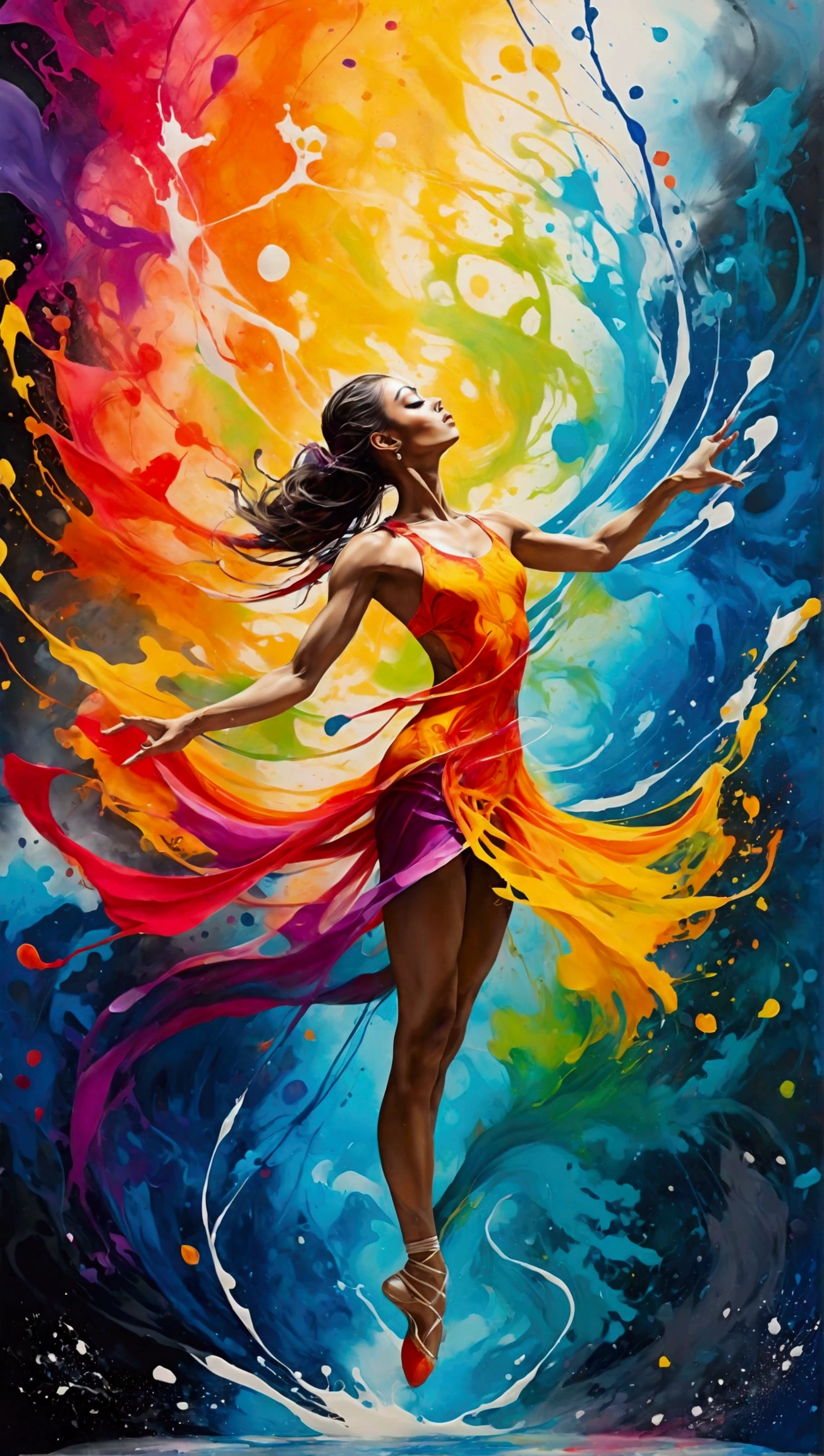 A mesmerizing, surreal ink splatter painting of a dancer suspended mid-air, gracefully captured in a moment of pure motion. The scene is enveloped in a swirling vortex of vibrant musical notes that flow like liquid, creating an ethereal atmosphere. The artwork features 8K resolution and hyper-detailed textures, blending elements of graffiti art and splash art with a street art vibe. The dancer is adorned in flowing, colorful attire that seems to dissolve into the background, merging with the high-contrast, polychromatic hues. The use of oil gouache and acrylic creates a melting effect, adding depth and fluidity to the composition. This ultra-detailed masterpiece exudes a sense of dynamism and dreaminess, inviting viewers into a world of artistic expression.