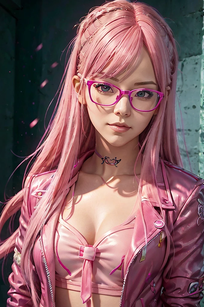 Close-up of a woman with pink hair wearing glasses, artwork in Guvez style, Guvez, kawaii realistic portrait, inspired by Seihiko-kun, glowing pink face, pink girl, beautiful anime portrait, pink glasses, glowing pink eyes, realistic anime 3 D style, Yanjuncheng, realistic anime art style, ((pink)8k