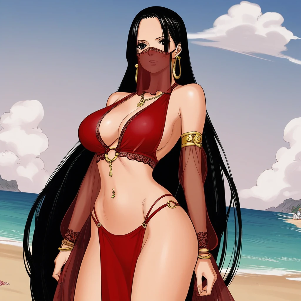 b0ahanc, 1girl, black hair, earrings, long hair, Long twintails,black eyes, long hair, looking at viewer, Large breasts, large ass, navel, (Red Bikini with Side lacings:1.3), Standing on a beach, slave, red slave bikini, standing, dynamic angle, red high leg thong, blue navel piercing, (((red pelvic curtain))), red mouth veil