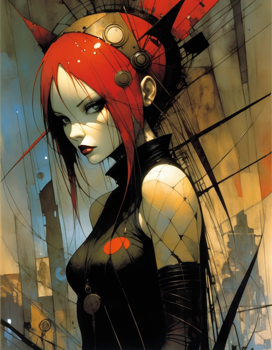 a sexy girl with a punk-gothic appearance and long hair, in the streets of the city of vampires:1.5 (art inspired by Bill Sienkiewicz, oil painting) (best quality,4k,8k,highres,masterpiece:1.2),ultra-detailed,(realistic,photorealistic,photo-realistic:1.37),intricate details,vivid colors,sharp focus,professional,Dave McKean artwork, oil touch of surrealism,oil painting style