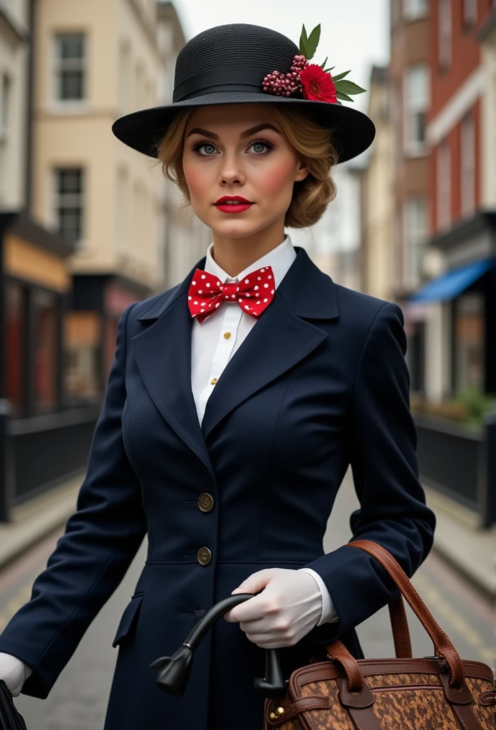 Create a realistic portrait, depiction of Nancy Ace as Mary Poppins. She is wearing a tailored navy-blue coat with a fitted waist and flared hem, buttoned neatly over a crisp white blouse with a red and white polka-dot bow tie at the collar. She holds a black umbrella with a parrot-shaped handle in one hand and an intricately patterned vintage carpet bag in muted tones in the other. Her short, wavy blonde hair is styled neatly beneath a black straw boater hat adorned with a small red flower and delicate berries. Her makeup is classic, with rosy cheeks and soft red lipstick, complementing her warm, refined look. The background is an Edwardian London street scene, softly lit to evoke a magical and nostalgic atmosphere



