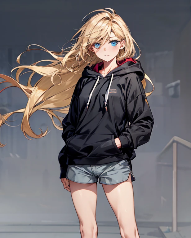 (masterpiece), best quality, expressive eyes, highres, anatomically correct, 1girl, perfect face, perfect hands, female, long hair, fair skin, medium chest, cowboy shot, half body, perfect anatomy, ashy blonde colored hair, adult female, mature female, attractive, unique two tone hair, long hair, flowing hair, strong, soldier, messy hair, full body shot, cowboy shot, symmetrical features, friendly, sarcastic, fun, hero, unique, gray shorts,shirt, (black hoodie), flowing hair, wind, windy, hands in pockets, blue eyes, hair over shoulders, laid back, confident, bianka durandal ataegina, two arms, perfect anatomy,