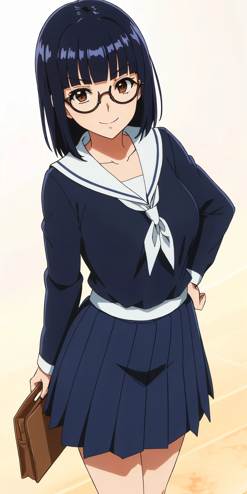 Young woman drawn in 80’s anime art style. 
Retro anime. Vintage Anime. Classical Anime. 
Black Blue HAIR
Pompadour Hair
(Round Glasses)
(Round and Circle eyes)
(Light Brown eyes)
(Medium Sized Eyebrows)
(Freckles on Cheek)
(Light Tan Woman)
(Medium Breast)
Seductive Smile

She is wearing a sailor fuku (セーラー服, sērā fuku, sailor outfit) is a common japanese style of uniform worn by women, traditionally by high school female students. 

The uniform generally consists of a blouse attached with a (Navy blue sailor-style collar) and a Dark Navy Blue Sailor Blouse. The length of the long skirt goes down past her ankle.

A ribbon is tied in the front and laced through a loop attached to the sailor blouse. The color is the ribbon is red.

(Dark Navy Blue Sailor Shirt)
(Dark Navy Pleated Skirt)

(Solo)
Location: High School 